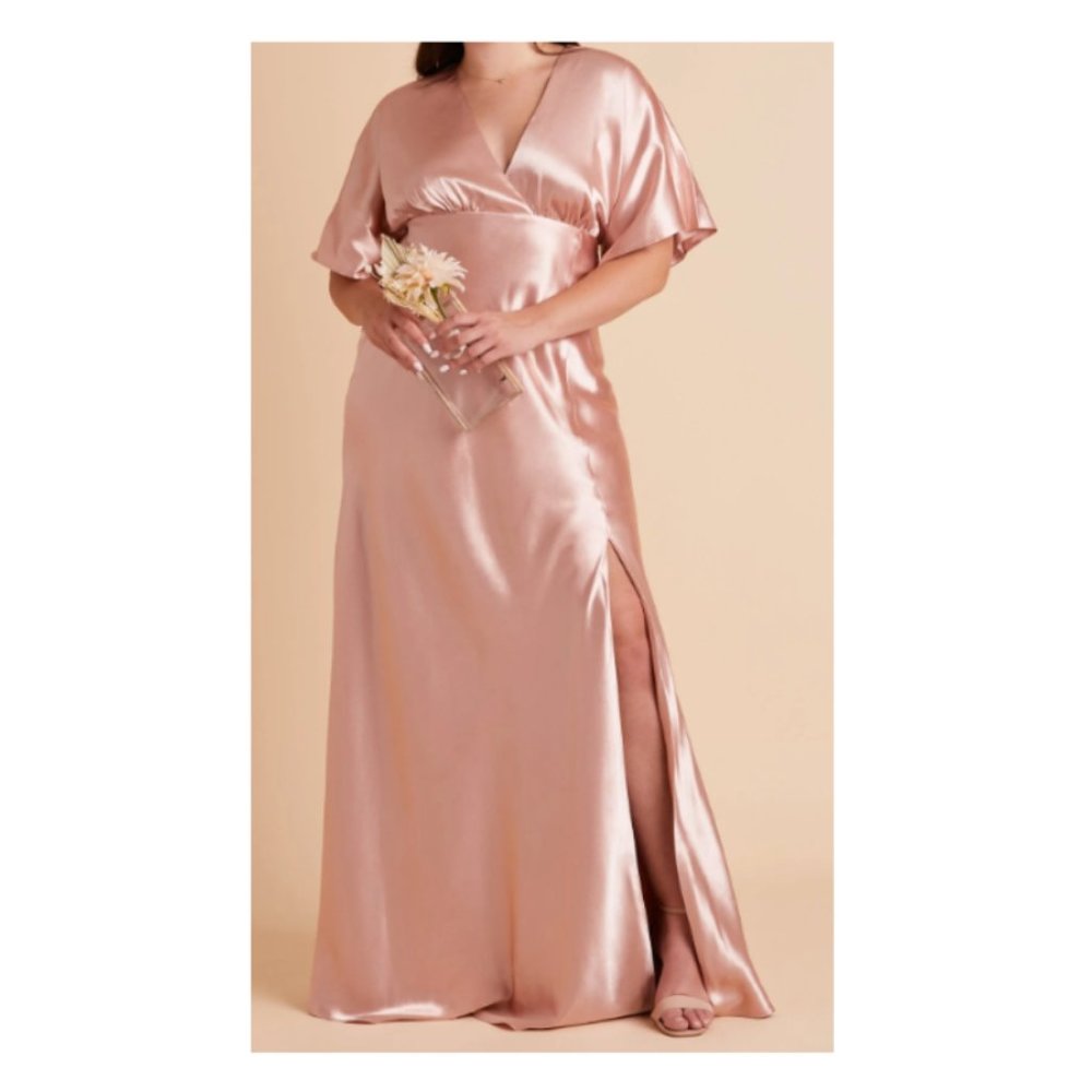 Birdy Grey Blush Satin V-Neck Wedding Dress with Side Slit